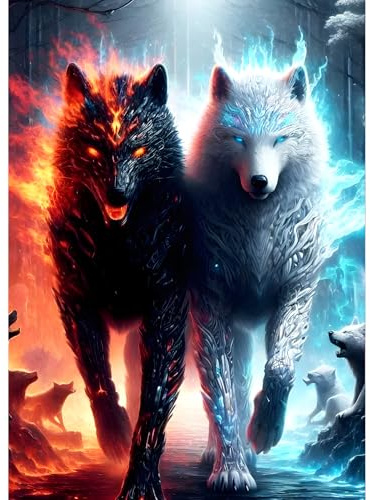QQYRHN 5D Fantasie Wölfe Diamond Painting Kit für Erwachsene Anfänger Eis und Feuer Diamant Kunst Kits Vollständiges DIY Traumland Diamantstickerei-Set Perfekt zur Entspannung und Dekor 30x40 cm