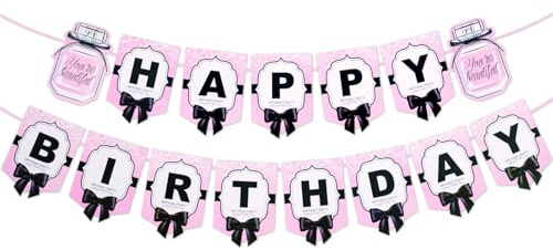 Cartel rosa de feliz cumpleaños con letras negras, banderines para decoración de fiestas, lazos negros, letrero de feliz cumpleaños, decoración colgante de cumpleaños para mujeres, hombres, niñas y