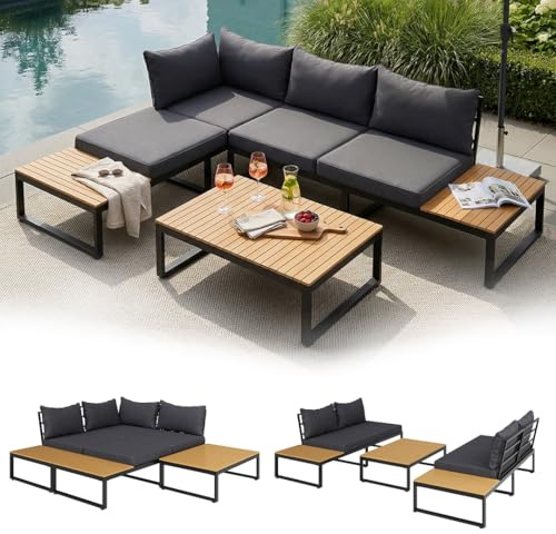 STEELSØN Zandra Gartenlounge Outdoor – modulares Gartenmöbel Set mit Ecksofa & Tisch wetterfest – Balkonmöbel aus Akazien Holz & Stahl mit Kissen in schwarz – Loungemöbel für Garten/Terasse/Balkon