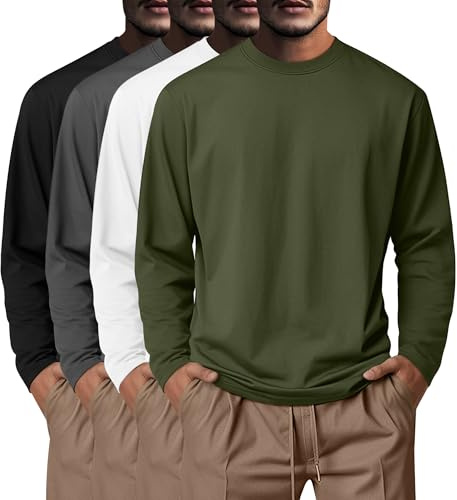 Neer 4 Pacchi di Magliette per Uomini Grandi e Alti, Top Base Casual a Collo Rotondo a Maniche Lunghe in 95% Cotone(Nero, Grigio Scuro, Bianco, Verde Militare,L)