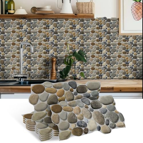 Tokenhigh 6 Pcs 3D Wall Panels, Self Adhesive Pebble Effect Wall Stickers, Kitchen Splashback Tile Stickers, Peel and Stick Wall Tiles for Bathroom Living Room (Light Gray)
