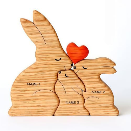 Drawelry Personalisiert Tier Kunstpuzzle Familien Namen Ornament, Holz Löwe Bär Wolf Figur Skulptur Puzzle Tischdekoration, Muttertag Vatertag Geburtstag Geschenk für Papa Mama Opa Oma (Kanin-A)