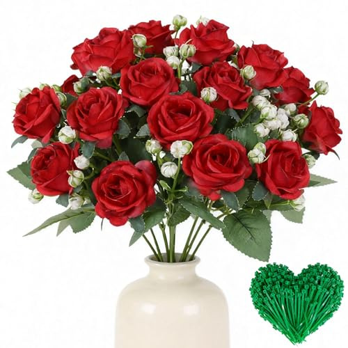 ZenyTra Künstliche Rosen 20 Stück mit 10 Zusatzbändern - 32cm Realistische Seidenrosen Rot für Hochzeitsdeko, Brautstrauß, Valentinstag, Geburtstag & Büro (2 Sträuße)