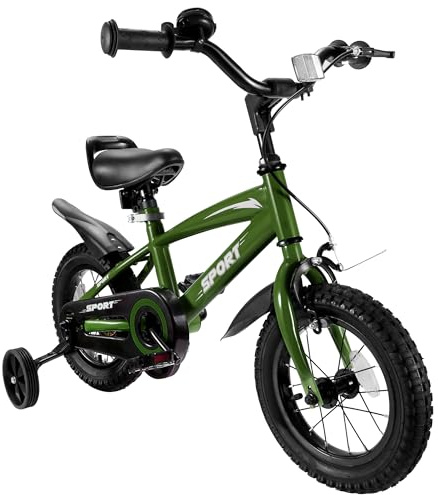 BODIOO Bicicletta per bambini da 12 pollici con sedile regolabile, freni duali, ruote di supporto, riflettore e parafango, adatta per conducenti da 84 a 97 cm (verde)