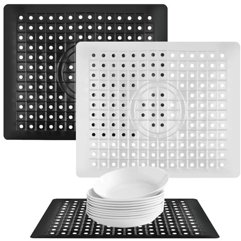 2 Pièces Tapis Evier Cuisine, Tapis D'évier de Cuisine Découpable en Caoutchouc Souple, 31 x 26 cm Pliable Protege Evier Antidérapant pour Cuisine, Salle de Bain, Évier de Jardin (Blanc + Noir)