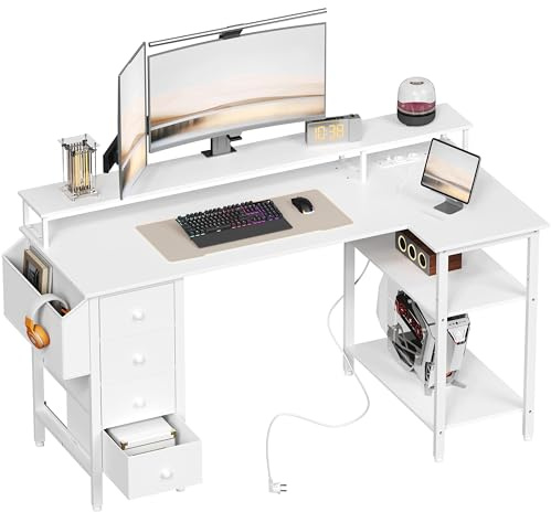 Abician Bureau d'angle Réversible, 140x68cm, avec Port De Charge USB, Blanc | Bureau Gaming en L avec Prise De Courant, avec 4 Tiroirs, Table Ordinateur avec Support D'écran pour Chambre Domicile Maison