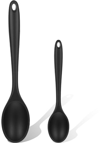 Guduling 2 Pcs Cooking Spoon,Black Silicone Spoon,2 Size Silicones Spoons for Cookings – Heat Resistant Long Handle Stirring Spoons for Cooking, Baking & Non-Stick Kitchen Tools