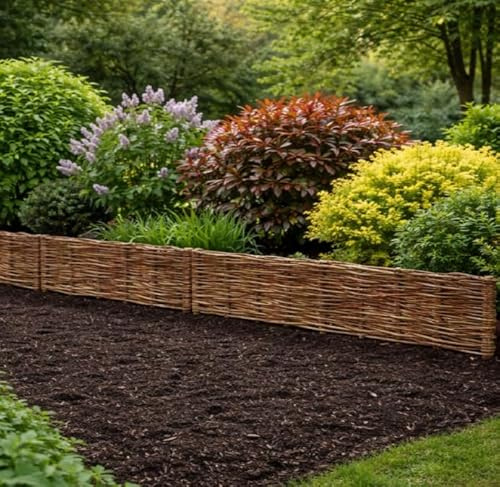 MIKONI Weidenzaun 120cm x 20cm, 10 Stück Set, Beetbegrenzung aus Weide Weidengeflecht Garten Beeteinfassung für Blumen und Gemüse Rasenkanten (10, 120 x 20 cm)