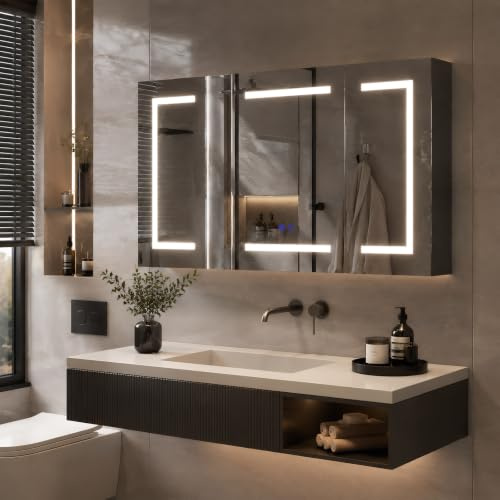 HFASD Spegelskåp badrum 100 cm med LED-belysning, uttag och 3 färgtemperatur dimbar, badrumsskåp med touch-sensor, justerbara hyllor, 3 dörrar, modernt badrumsskåp för badrum