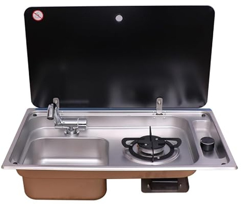 Combinazione di lavello a gas, in acciaio inox, per esterni, per barca, roulotte, camper, soluzione di cottura portatile con coperchio