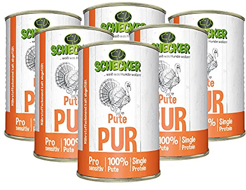 Schecker Nassfutter getreidefrei - 100% Pute PUR - 6 x 410g - hypoallergen - Hundefutter - sensitiv