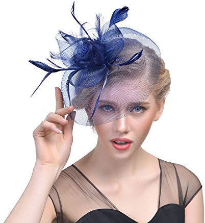 JZK Dunkel blau Dame Vintage Fascinator Blume Kopfbedeckung Kopfstück Feder Haar Zubehör Schleier mit Clip & Stirnband, Elegant Haarschmuck Hut für Cocktail Party Hochzeit