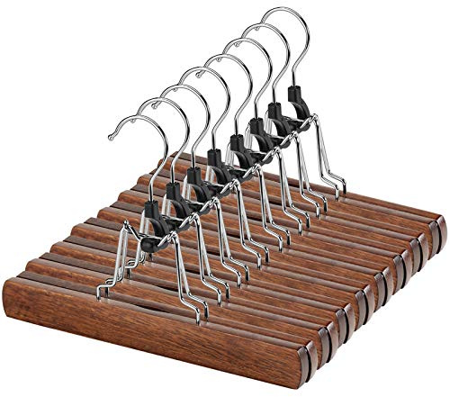 AMKUFO - Perchas de Madera de Nogal para Pantalones con Clips, 12 Unidades, Perchas Antideslizantes para Faldas, Perchas para Pantalones, Percha de Madera Maciza con Gancho Giratorio de 360°