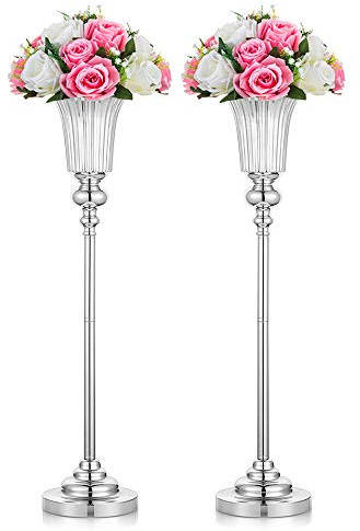 NUPTIO Blumenständer Metall Silber Vase: 2 Stück 67.8cm Hoch Blumenvase Hochzeit Ständer Trompete Vasen Metall für Silberne Hochzeit Mittelstücke Tischdeko Party Tafelaufsätze