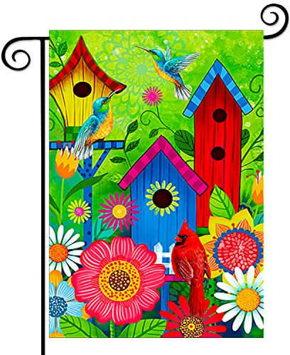 COCJCJ Bandera de jardín de doble cara con diseño de jaula de bienvenida al aire libre, crisantemo blanco, crisantemo rojo, pequeña margarita, decoración del hogar, césped al aire libre, decoración