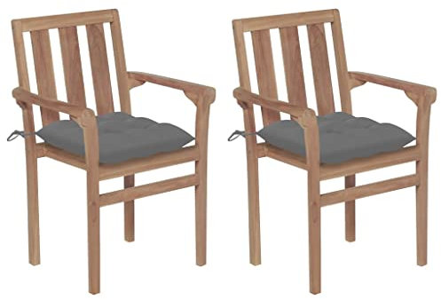 vidaXL 2X Teak Massiv Gartenstuhl mit Grauen Kissen Stapelbar Holzstuhl Sessel Stuhl Stühle Gartenmöbel Gartensessel Stapelstuhl Essstuhl