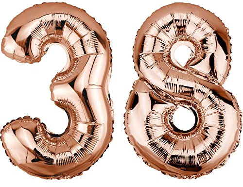 DekoRex Ballon gonflable en or rose - 82 cm - Décoration d'anniversaire de mariage (chiffre 38)