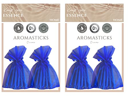 AROMASTICKS Ambientador para Casa. 4 Bolsitas Palitos Aromáticos para Armarios, Cajones o Zapateros. Pack Ocean. Esencia Natural, SIN Alcohol, Fragancia Bergamota.