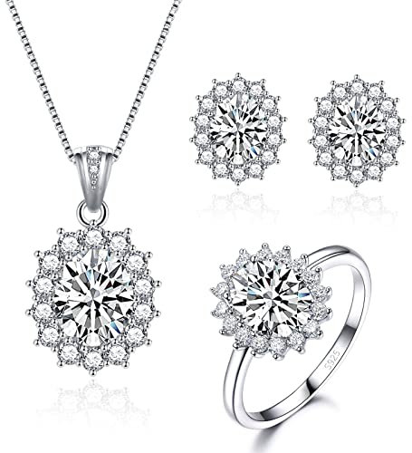 Cangall 925 Sterling Silber Damen Schmuck Set – Prinzessin Diana Halskette, Ohrringe und Ring mit AAAA Zirkonia – Luxus Hochzeitsgeschenk zum Geburtstag