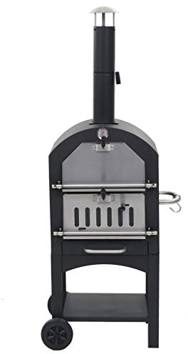 Holzkohle-Pizzaofen für Garten, mit Schamottstein, integriertem Thermometer, abnehmbarem Aschetablett, 2 Rollen für Mobilität und Ablagefach, für Pizza, Brot und Kuchen im Außenbereich