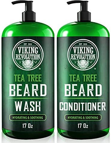 Viking Revolution Tea Tree Oil Beard Wash and Beard Conditioner For Men - Natural Beard Softener Set with Argan Oil, Vitamin E and Ginseng - Beard Shampoo and Conditioner Set (17 Oz)
