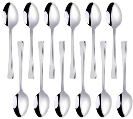 Acense Teaspoons Set of 12 Stainless Steel Table Teaspoon Tea Stirring Spoons Long Handle Silver Plain Pattern Spoons Ideal for Coffee Cafe Latte Espresso Hot Chocolate.