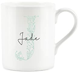 Personalised Mug, Gift Mug, Custom Bone China Mug, Floral Green Letter J Mug - Small Coffee Tea Mug Present Personalised Initial Gift