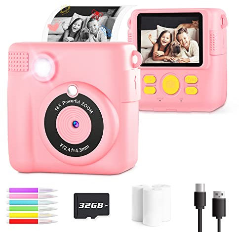 OPERHOO Kids Camera Girls Boys, Kids Instant Print Camera Toy 3-14 Year Old, 1080P HD Kids Digital Camera with Photo Paper Birthday Gifts 3 4 5 6 7 8 9+ Year Old Girl 6 Colour Pens 32GB SD Card