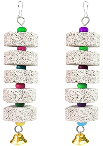 OMYZERO 2Pcs Parrot Chewing Toy, Bird Beak Grinding Stone Toys with Bell, Lava Block Calcium Supplement Food for African Greys Amazon Conure Eclectus Budgies Parakeet Cockatiel Hamster Chinchilla