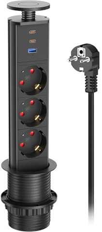 3 Fach Versenkbare Steckdose mit 2 USB C PD 20W, Ulthos Einbausteckdose Versenkbar mit USB für Arbeitsplatte Küche Büro Schreibtisch, 4000W/16A Schwarz, 1,8m Kabel