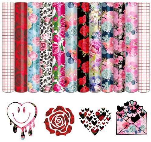 Tintnut Valentinstag Vinylfolie Plotter Plotterfolie Vinyl 10 Stk 12x10in | Rosen muttertag plotterfolie selbstklebend,mit 2 transferfolie,haftstark,waschbeständig,für DIY handwerk geschenkideen