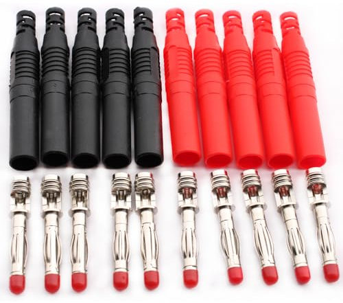 RUNCCI-YUN 10pcs conectores tipo banana revestidos com isolamento de 4 mm, conectores tipo banana para soldagem de segurança para cabos de teste de multímetro（negro rojo）