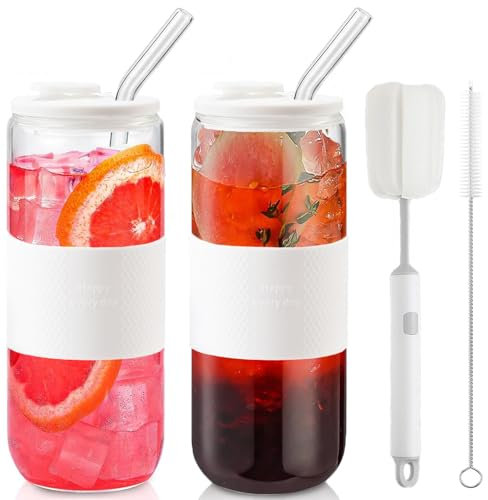 CJWLKJ Vasos de vidrio con forma de lata de 24 onzas con tapas de silicona y popotes de vidrio, 2 vasos con tapas y popotes, y fundas de silicona, vasos de cerveza, tazas de café helado, refrescos,