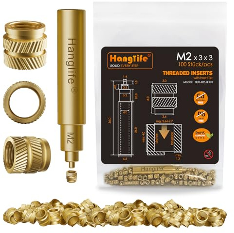 HANGLIFE M2 Insertos Roscados de Ajuste Térmico con Puntas Soldador, Insertos de Tuercas para Componentes de Impresión 3D y Piezas de Plástico - Tuercas Moleteadas Métricas de Latón (100 Piezas)