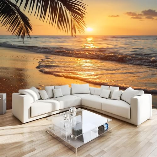 Fotomural puesta de sol océano playa Fotomural Pared, 250x175 cm Papel Pintado 3D, Fotomurales Decoración de Comedores Moderna Lana Sala Cuarto Salón