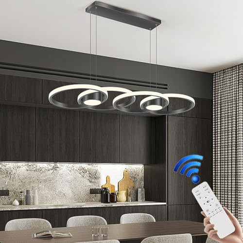 VTAMng LED Pendelleuchte Moderne Deckenleuchte aus Aluminium höhenverstellbar 80W Kronleuchter Restaurant Leuchte Tischplatte mit Fernbedienung Dimmfunktion geeignet für Wohnzimmer Kücheninsel(Black)
