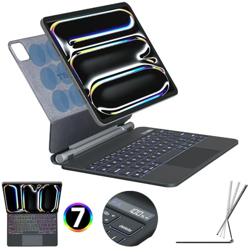 TECHGEAR Funda de teclado para Apple iPad Pro de 11 pulgadas (M4) 2024/5ª generación, funda magnética delgada con soporte flotante, trackpad multitáctil de precisión, retroiluminación de 7 colores