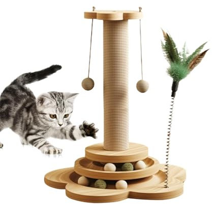 Sisal Wooden Scratching Post - 4 in 1 Scratcher Toy With Turntable for Indoor Cats
