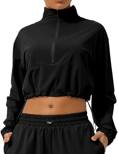 SEAUR Yoga Top Women Crop Long Sleeve Sweat Jacket 1/2 Zip Running Cropped Jacket Fitness Blouse Sports Shirt for Workout Athletic Gym L Black