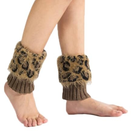 SMTCM 1 Paar Winter Stulpen Damen Gestrickte Beinwärmer Kunstpelz Stiefelstulpen Crochet Kurze Socken Leg Warmers Leopard Faux Pelz Beinstulpen Strick Knöchelwärmer Fußlose Beinstrümpfe(Kaffee,26cm)