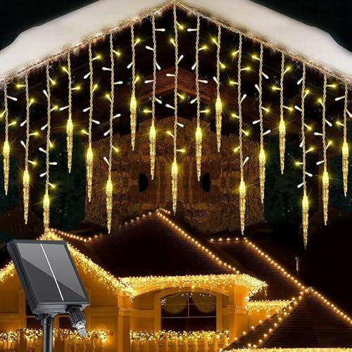SUAVER Guirnalda de luces solares de carámbanos, iluminación navideña decorativa con 4 m, 19 gotas, 96 LED, resistente al agua, para patio, jardín, boda, fiesta, techo de casa (blanco cálido)