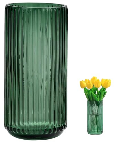 TEUYOE Vase en verre vert épais de qualité supérieure, vase à fleurs en verre côtelé pour vases rustiques, jardinière décorative moderne pour fleurs, vases pour décoration, idéal pour étagère, salon