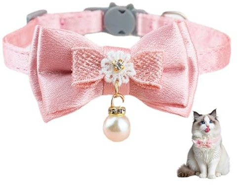 MIRKUZI Collares para gatos Collar rosa para gato, con lazo, ajustable y correa de seguridad, con diamantes de imitación para perros y gatos pequeños (rosa)