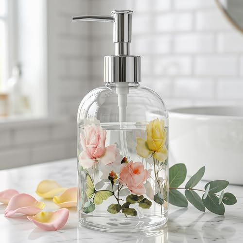 DUSVALLY Glass Soap Dispenser with Pump, 500ml Refillable Hand Soap | Bathroom & Kitchen, Clear Glass Lotion Dispenser with Floral Botanical Design