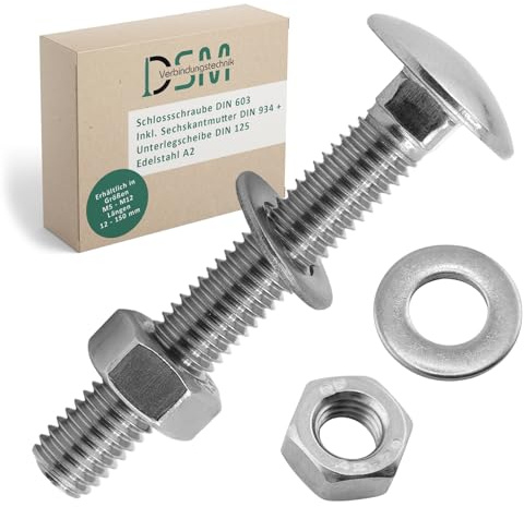 DSM – Tornillos M10 x 80 mm según DIN 603 – Incluye tuerca hexagonal M10 DIN 934 y arandela DIN 125 – Acero inoxidable A2/V2A – Tornillos de cabeza redonda plana con cuello cuadrado – 2 unidades