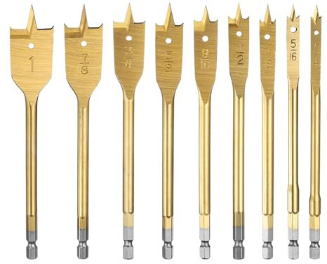 sourcing map 9Pcs Spade Drill Bit Paddle Flat Bits Set Wood Hole Cutter with Quick Change 1/4 Inch Hex Shank for Woodworking Fiberglass, Gold Tone