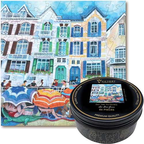 Victory Wooden Puzzles - 'Day Trip to France' Jigsaw Puzzle for Adults - 86 Pieces. Premium Linden Wood Miniature Beach Jigsaw Puzzle in Metal Storage Tin with Special 'Whimsical' Shaped Pieces.
