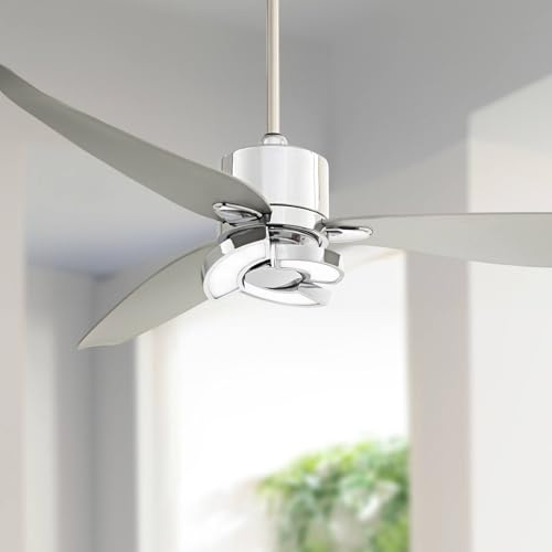 Possini Euro Design 56 Vengeance Modern Indoor Ceiling Fan 3 Blade LED Light Remote Control Chrome Finish Silver Blades Bedroom Living Room Kitchen Dining Office Decorative with 12 Downrod