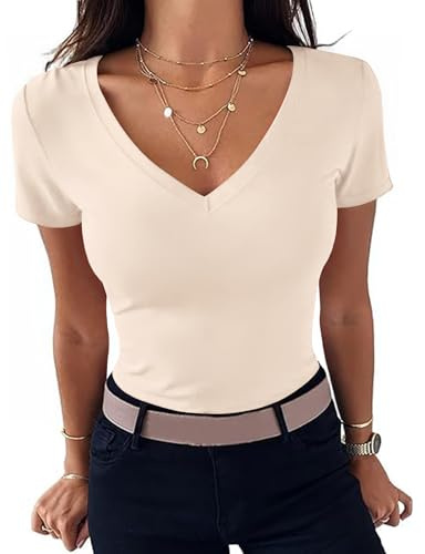 Totatuit Maglietta da Donna con Scollo a V T-Shirt a Maniche Corte Estiva Top Elegante Basic Magliette Tinta Unita Maglia Sexy Aderente Casual | Top basic slim fit, elasticizzato, morbido, elasticizzato, scollo a V, per jeans, gonna, ufficio, estate