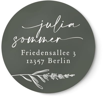 Personalisierte Adressaufkleber mit Lavendelzweig Olivgrün | 4cm Runde wischfeste Etiketten 48 Stück | ideal für Einladungskarten Umschläge Briefpost Geschenke NORDEULE (Matt Pure Folie)
